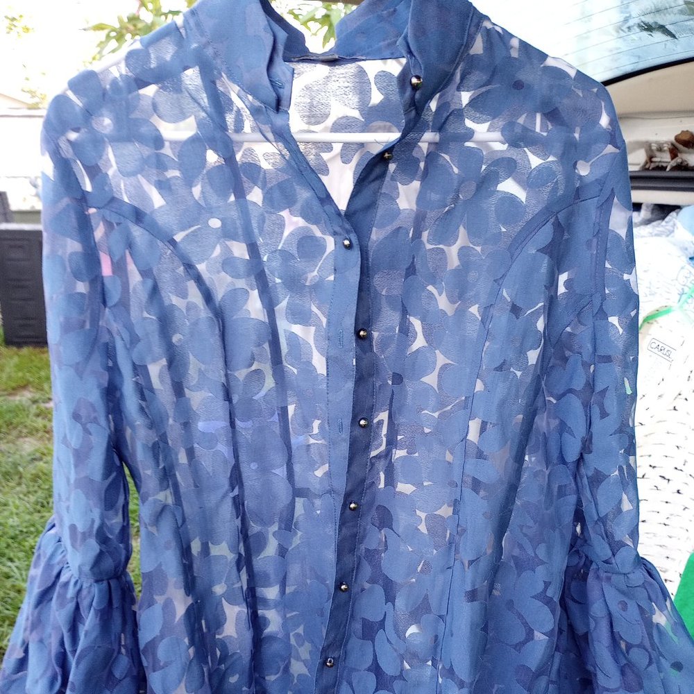 Gracia blue sheer blouse top, bell sleeves xl